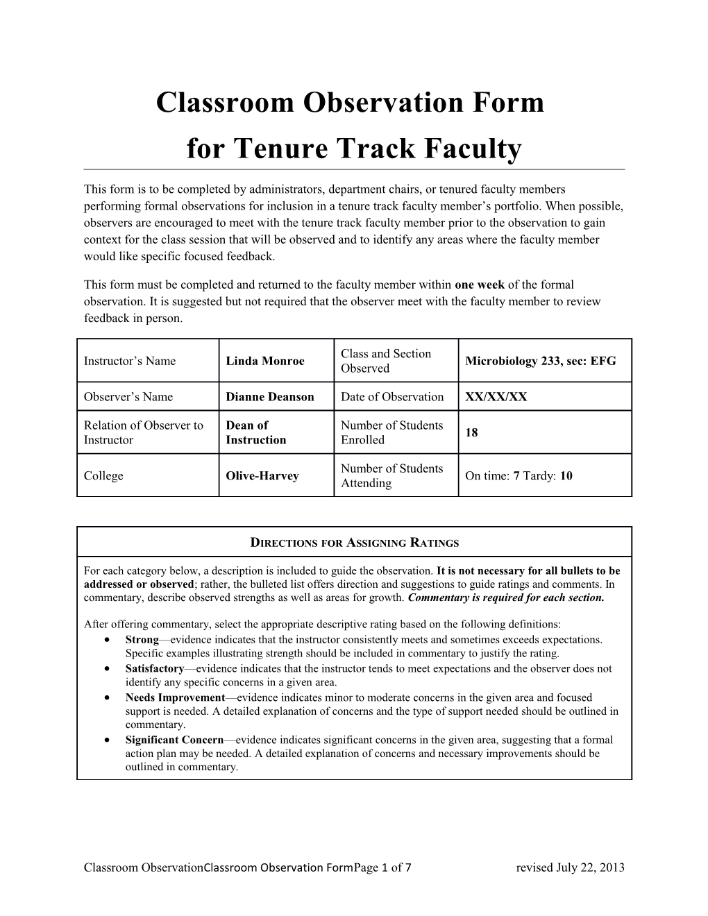 Classroom Observation Form