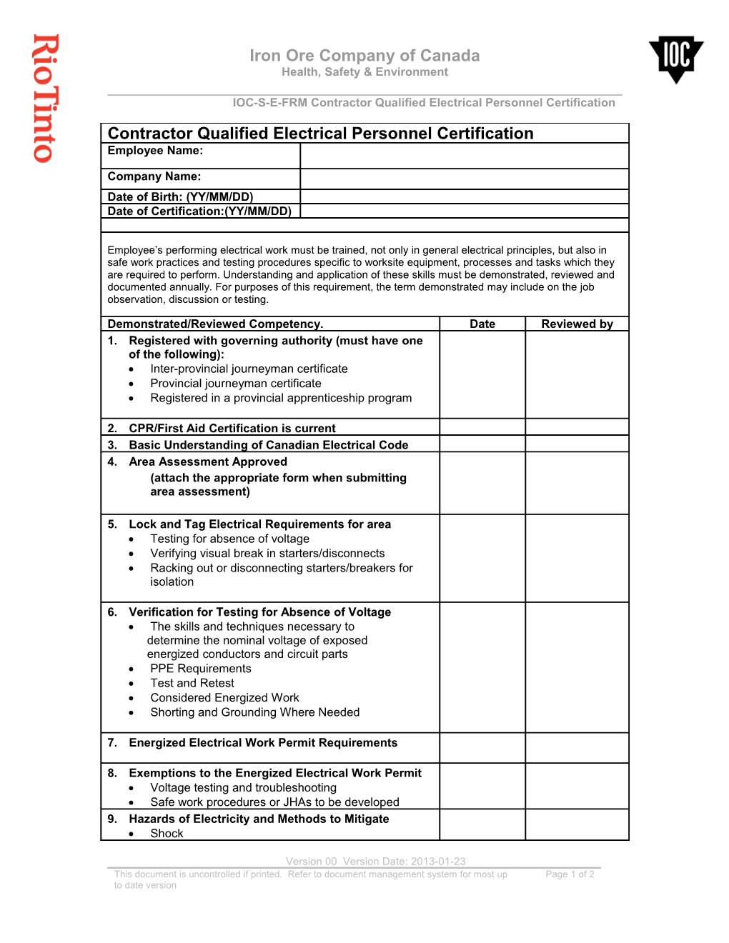 Qualified Electrical Personnel Certification Checklist