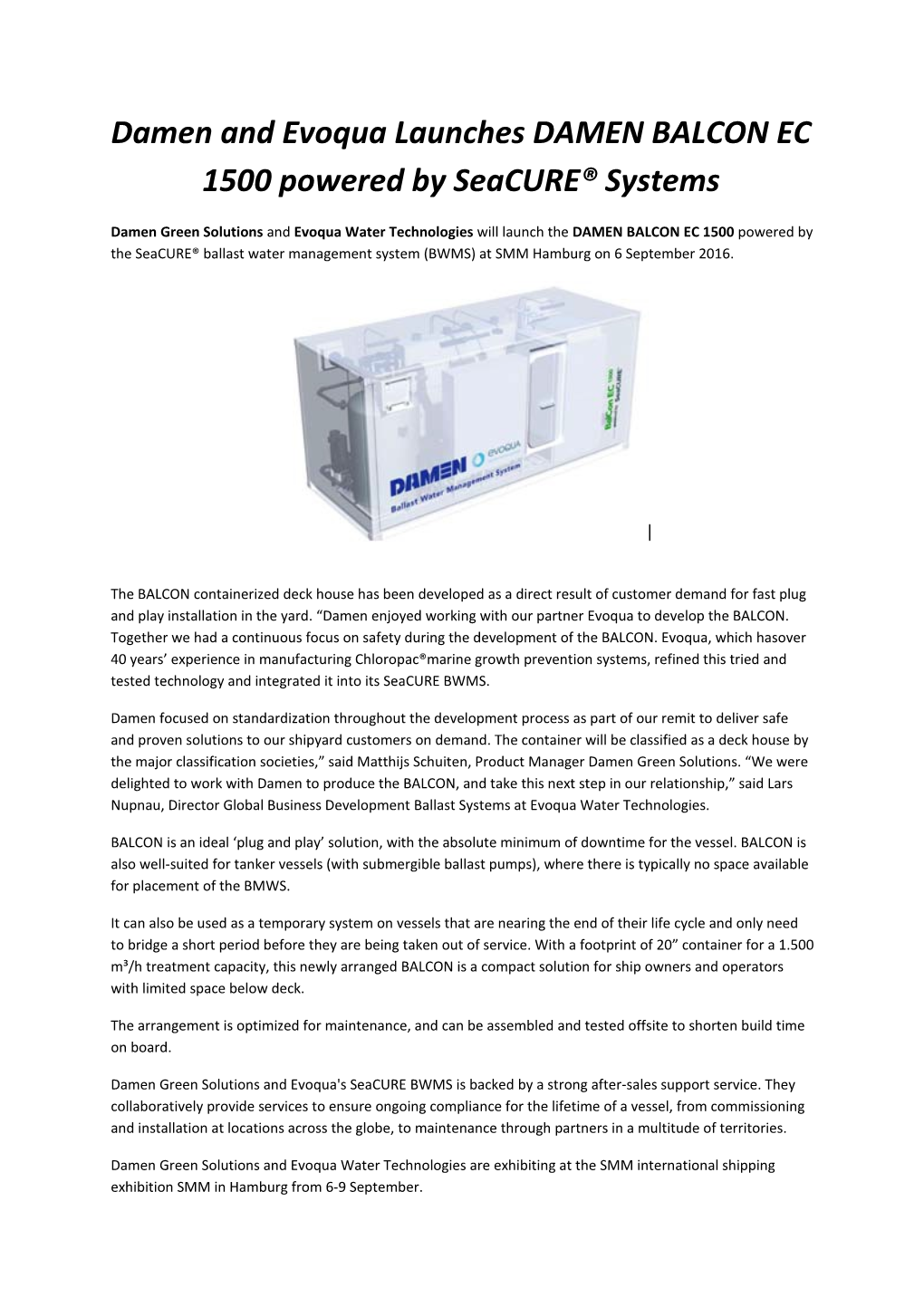 Damen and Evoqua Launches DAMEN BALCON EC 1500 Powered by Seacure Systems