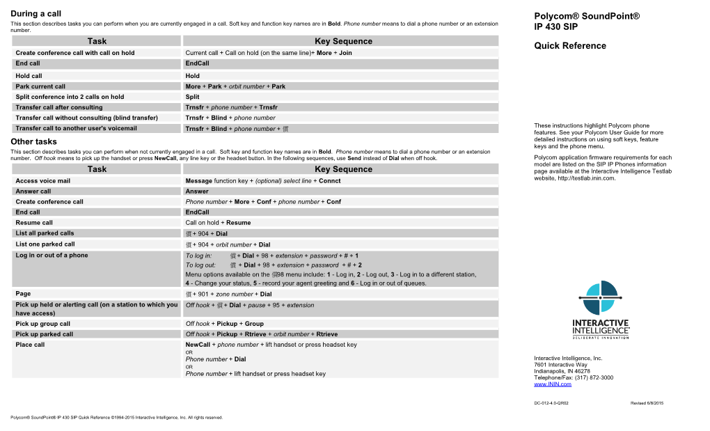 Polycom Soundpoint IP 430 SIP Quick Reference Card