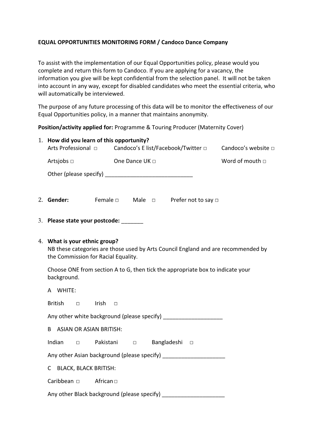 EQUAL OPPORTUNITIES MONITORING FORM / Candoco Dance Company