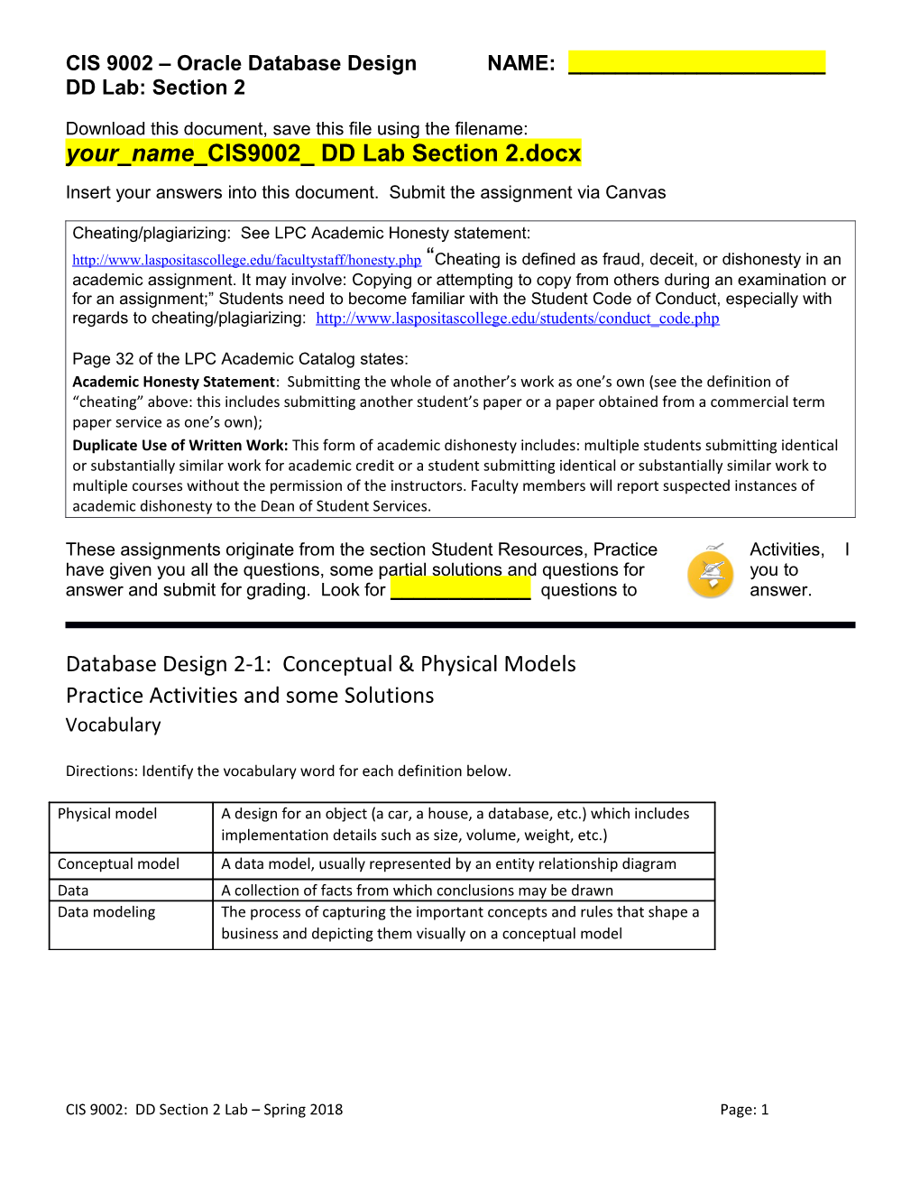 CIS 9002 Oracle Database Design NAME: ______