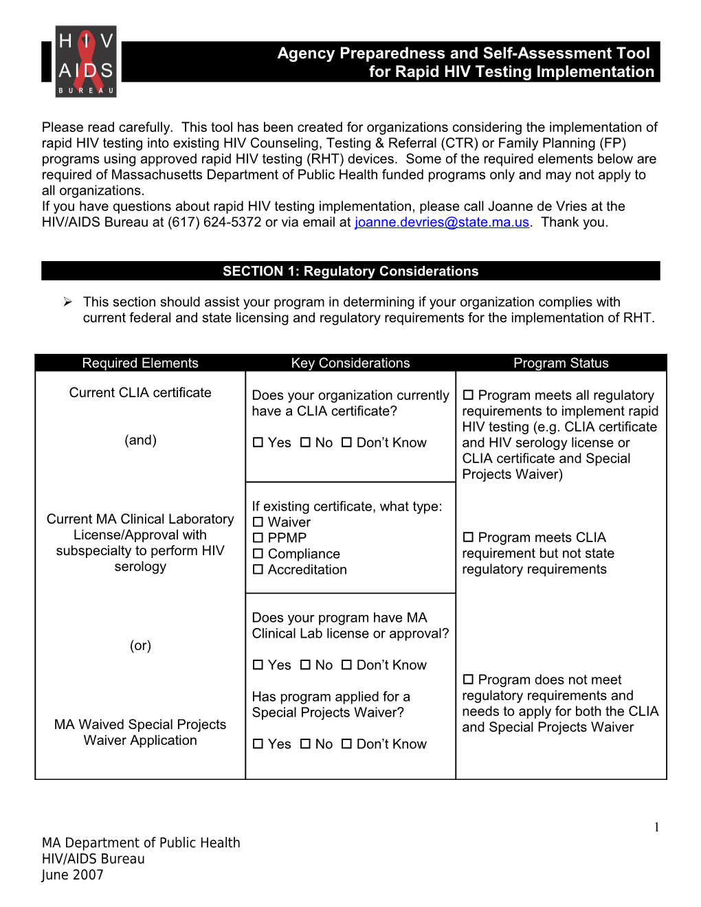 Agency Preparedness and Self-Assessment Tool for Rapid HIV Testing Implementation