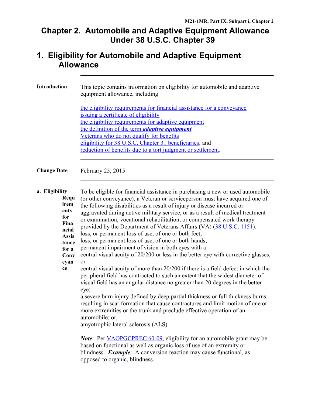 Chapter 2. Automobile and Adaptive Equipment Allowance Under 38 U.S.C. Chapter 39 (U.S