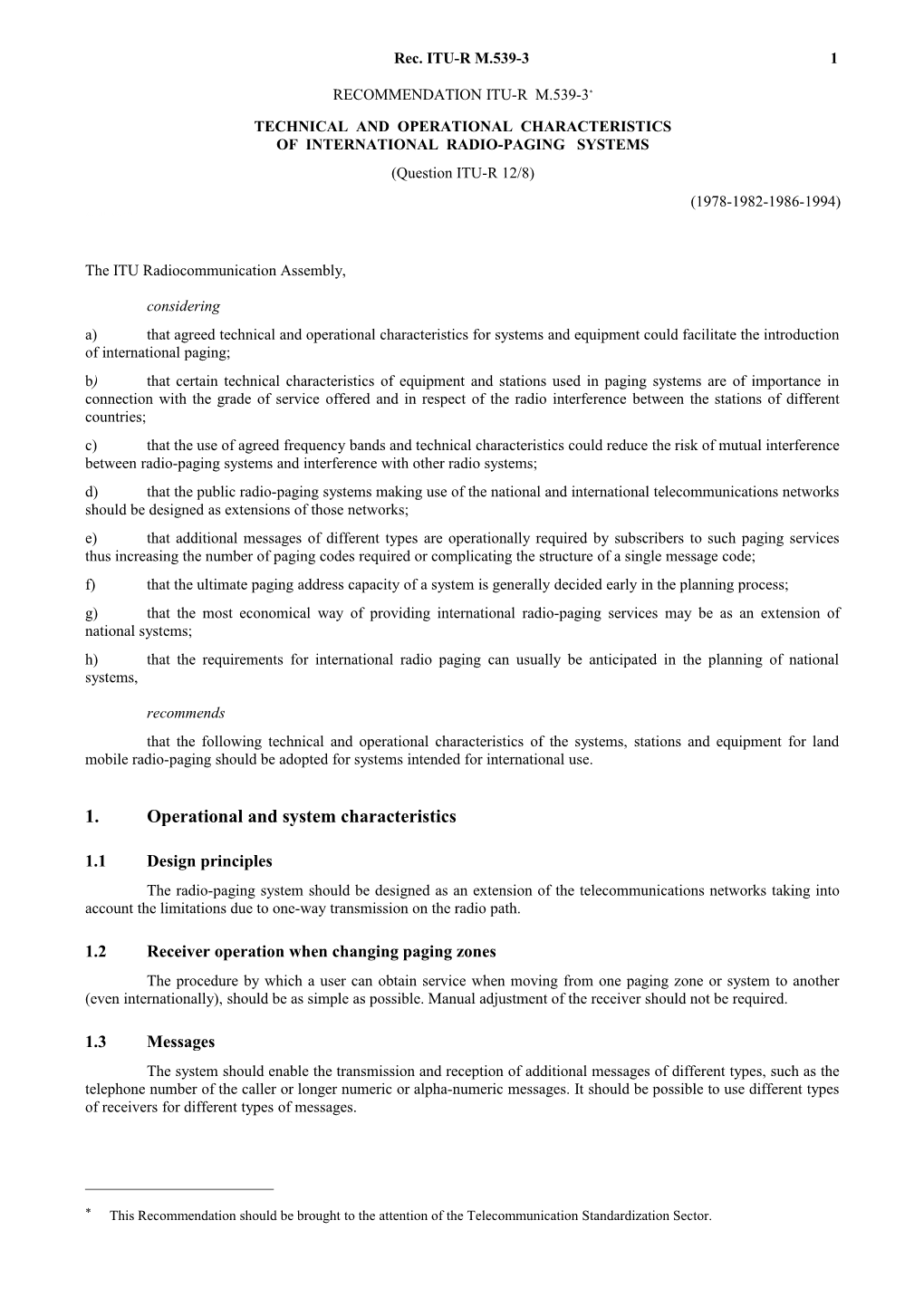 M.539-3 - Technical and Operational Characteristics of International Radio-Paging Systems