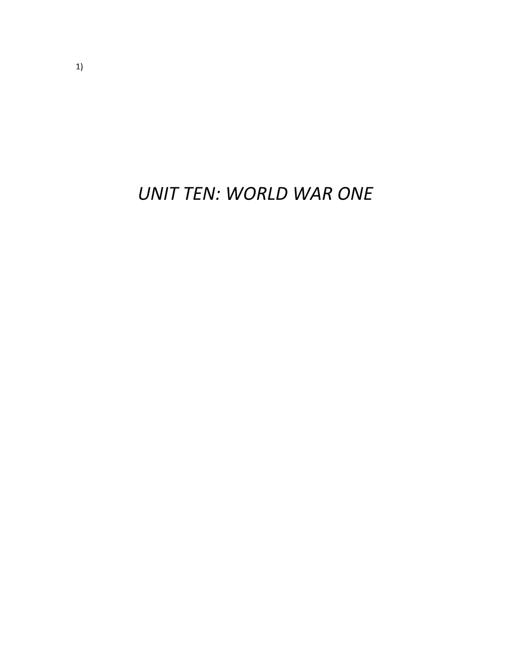 Unit Ten: World War One
