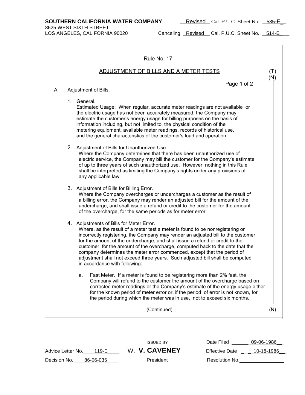 SOUTHERN CALIFORNIA WATER COMPANY Revised Cal. P.U.C. Sheet No. 585-E