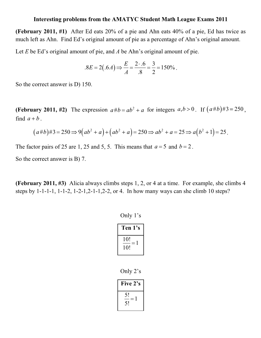 Interesting Problems from the AMATYC Student Math League Exams 2011
