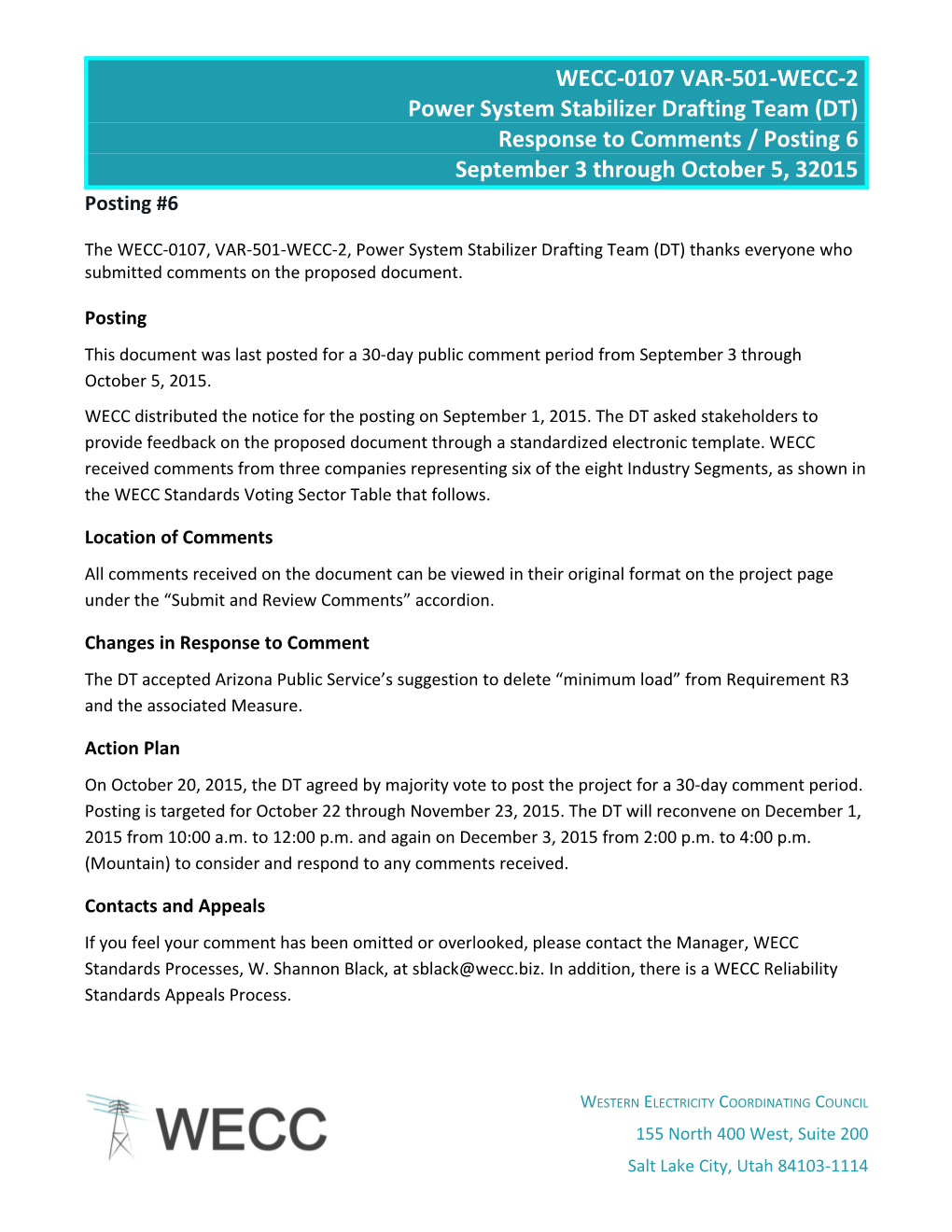 WECC-0107 Posting 6 VAR-501-WECC-2 Power System Stabilizers Response to Comments - 10-20-2015