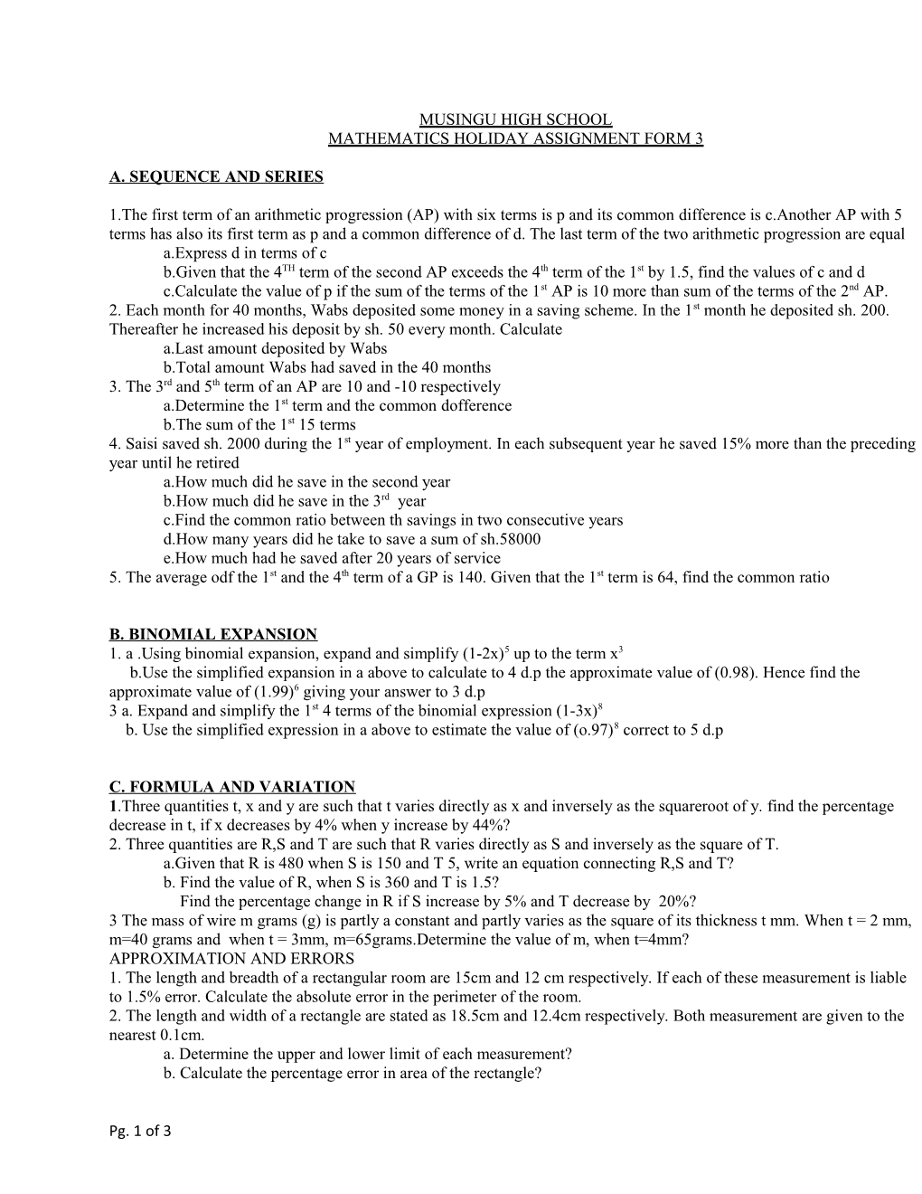 Mathematics Holiday Assignment Form 3
