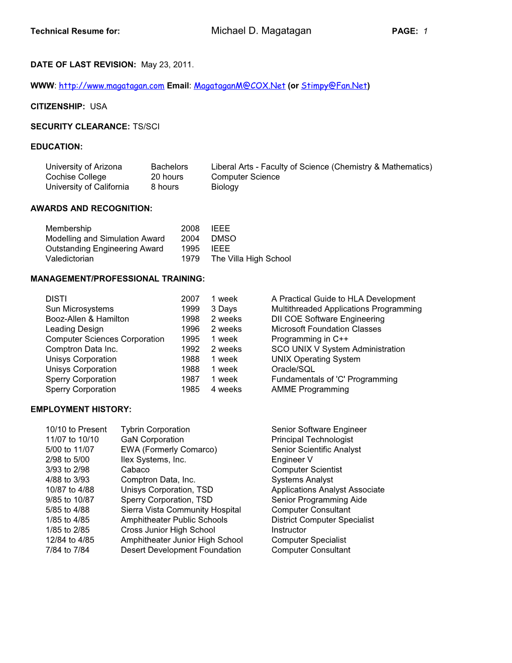 Technical Resume For:Michael D. Magataganpage: 1