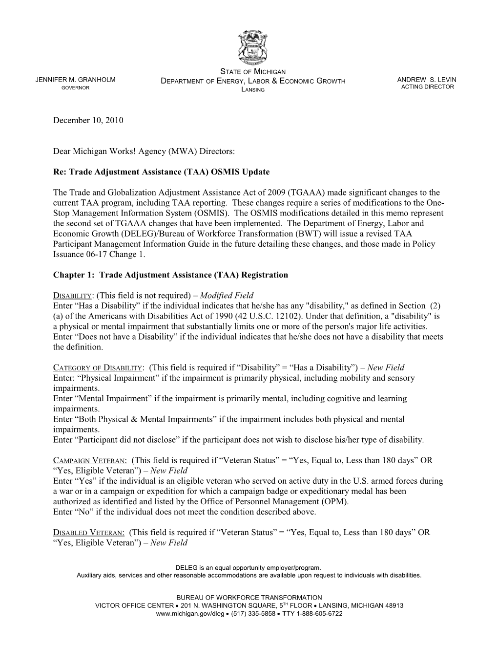 Re: Trade Adjustment Assistance (TAA) OSMIS Update