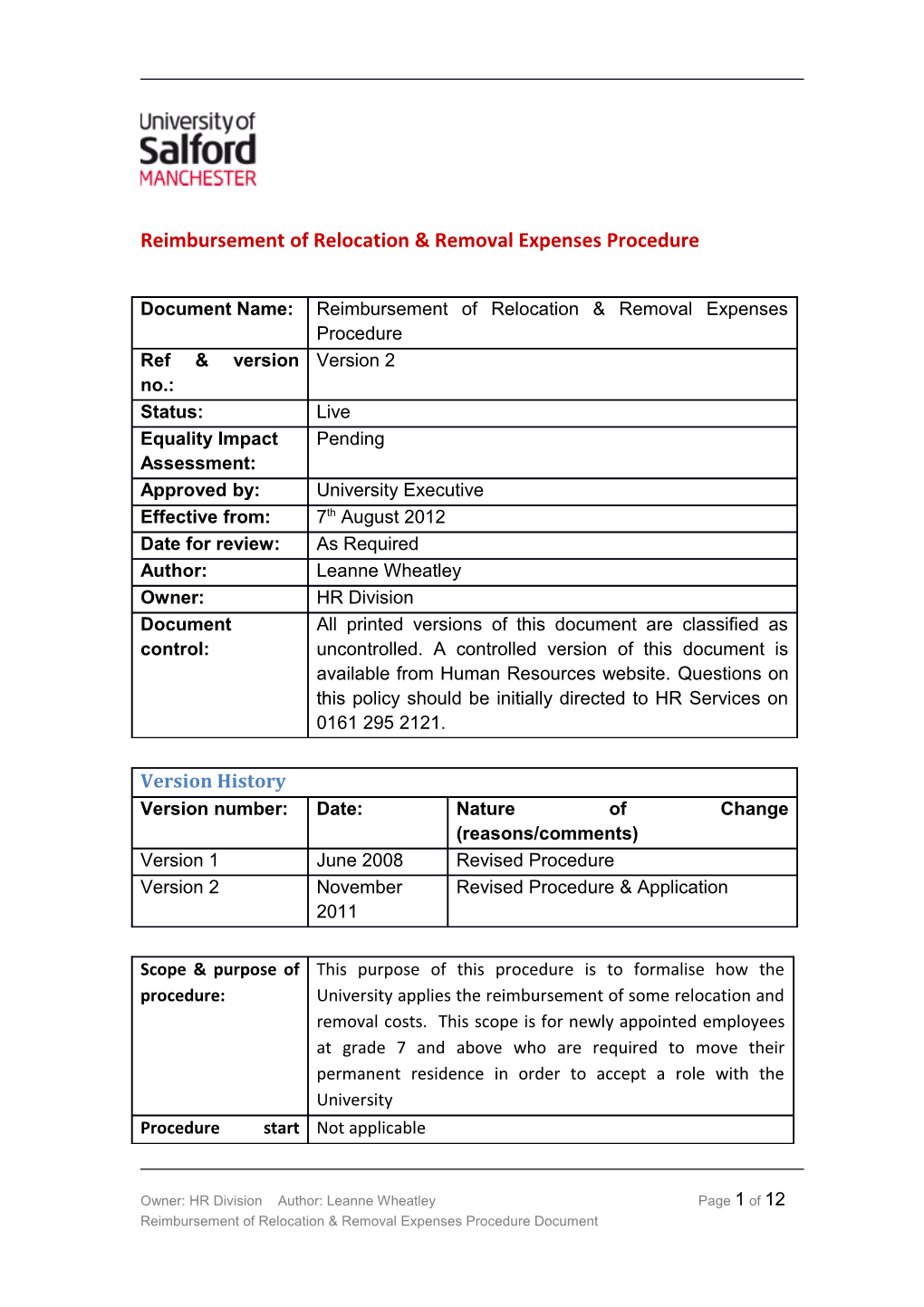 Reimbursement of Relocation & Removal Expenses Procedure