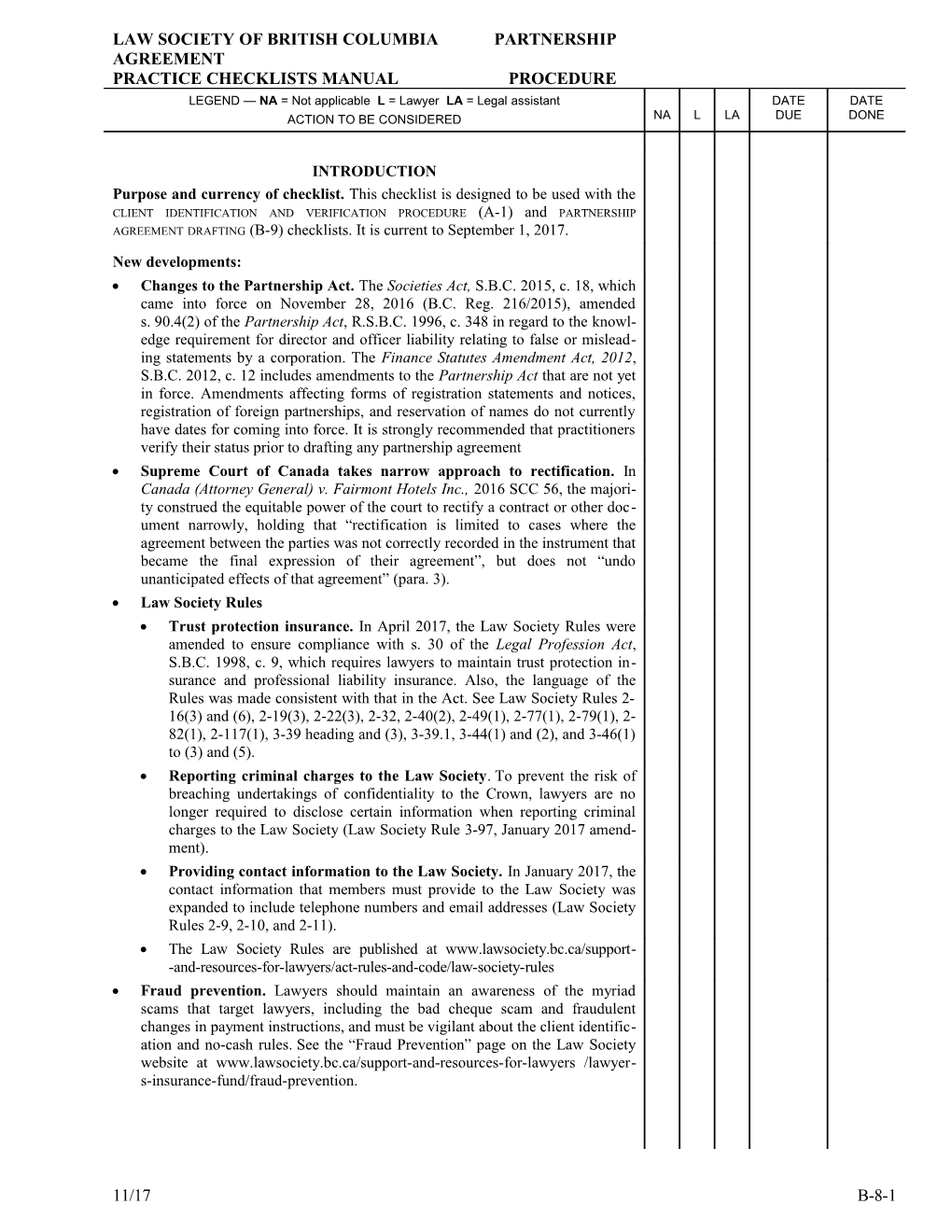 Practice Checklists Manual: Partnership Agreement Procedure Checklist