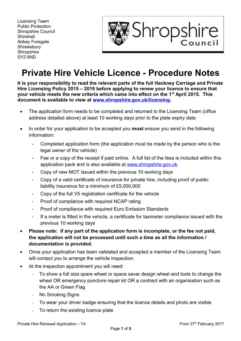 Private Hire Vehicle Licence - Procedure Notes