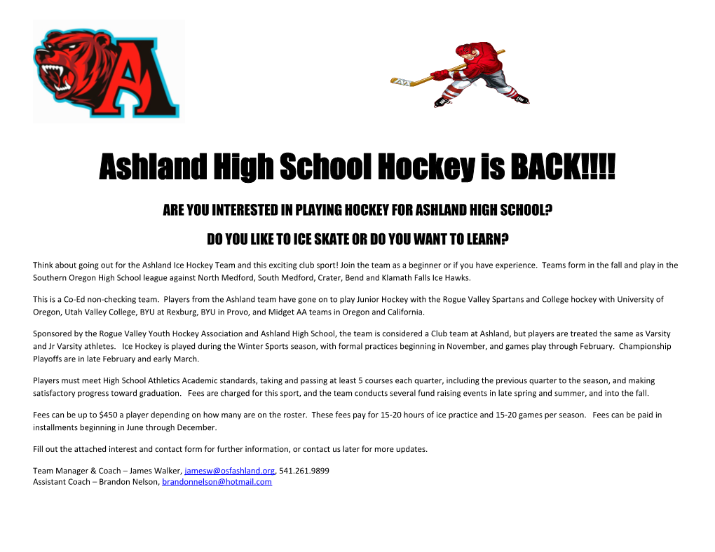 Ashland High School Hockey Is BACK