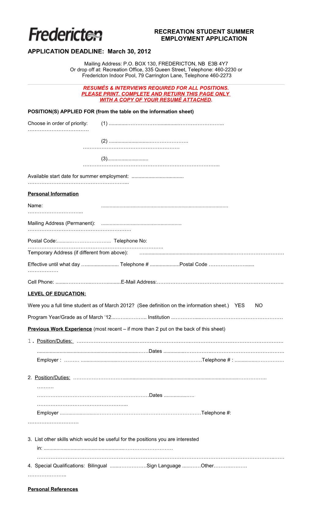 COR-FRM-017E, Recreation Studetn Summer Employment Application