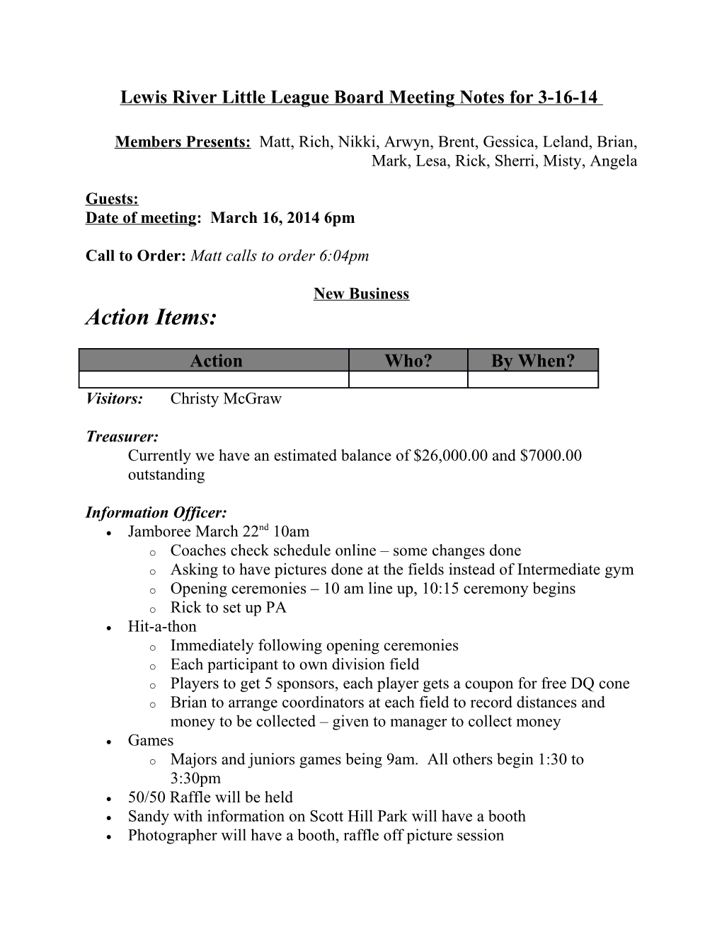 Lewis River Little League Board Meeting Notes for 3-16-14