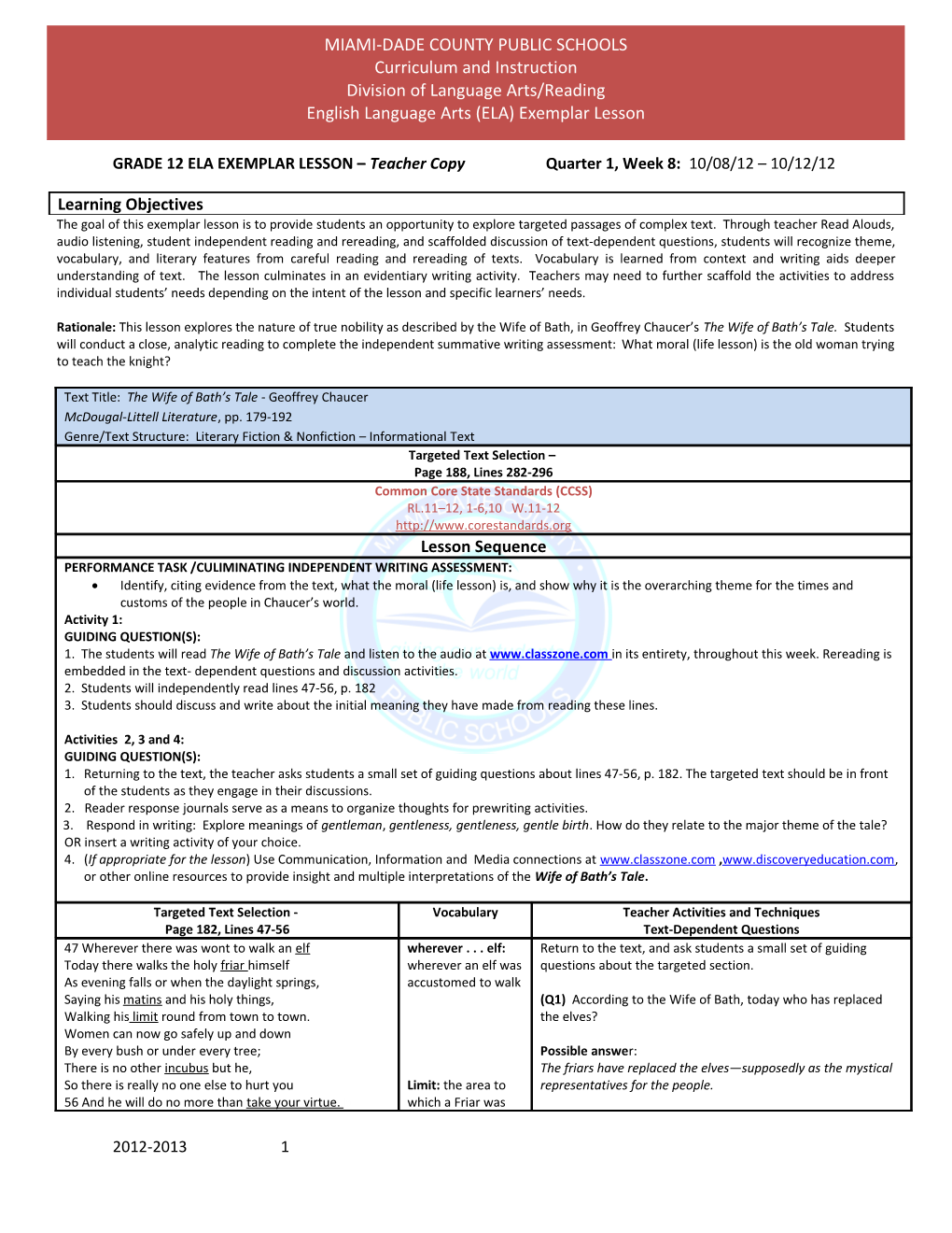 GRADE 12 ELA EXEMPLAR LESSON Quarter 1, Week 8: 10/08/12 10/12/12