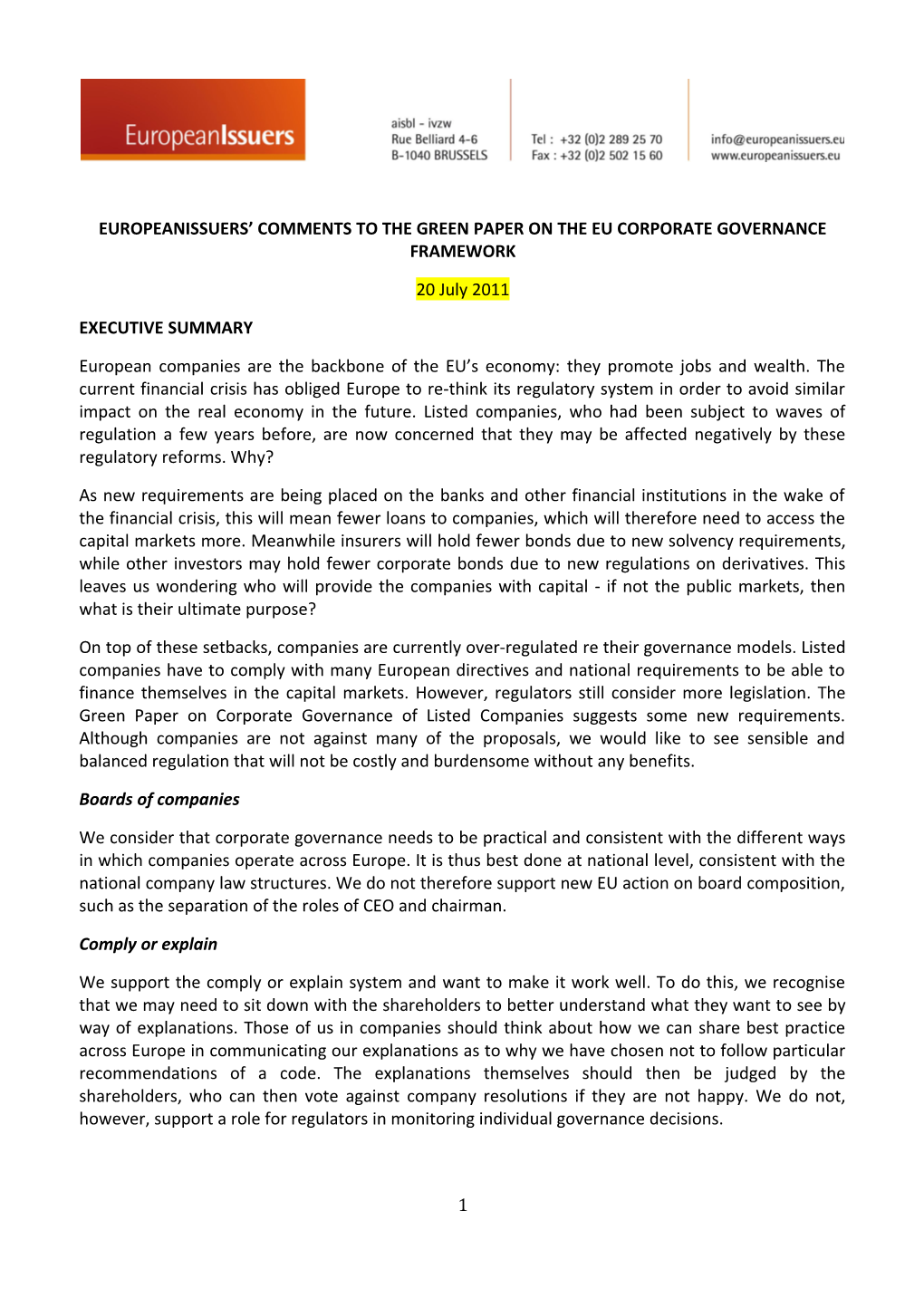 Europeanissuers Comments to the Green Paper on the Eu Corporate Governance Framework