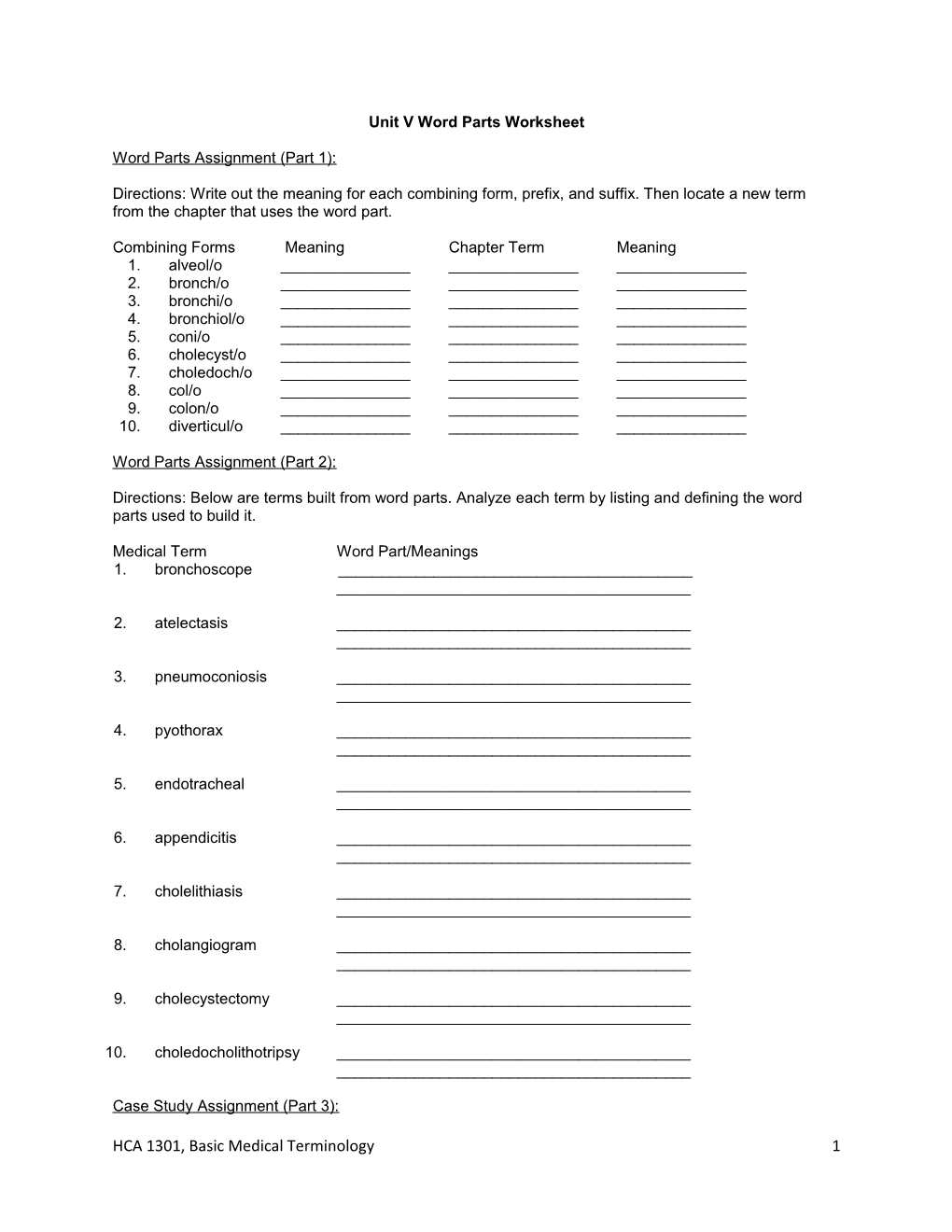 Unit V Word Parts Worksheet