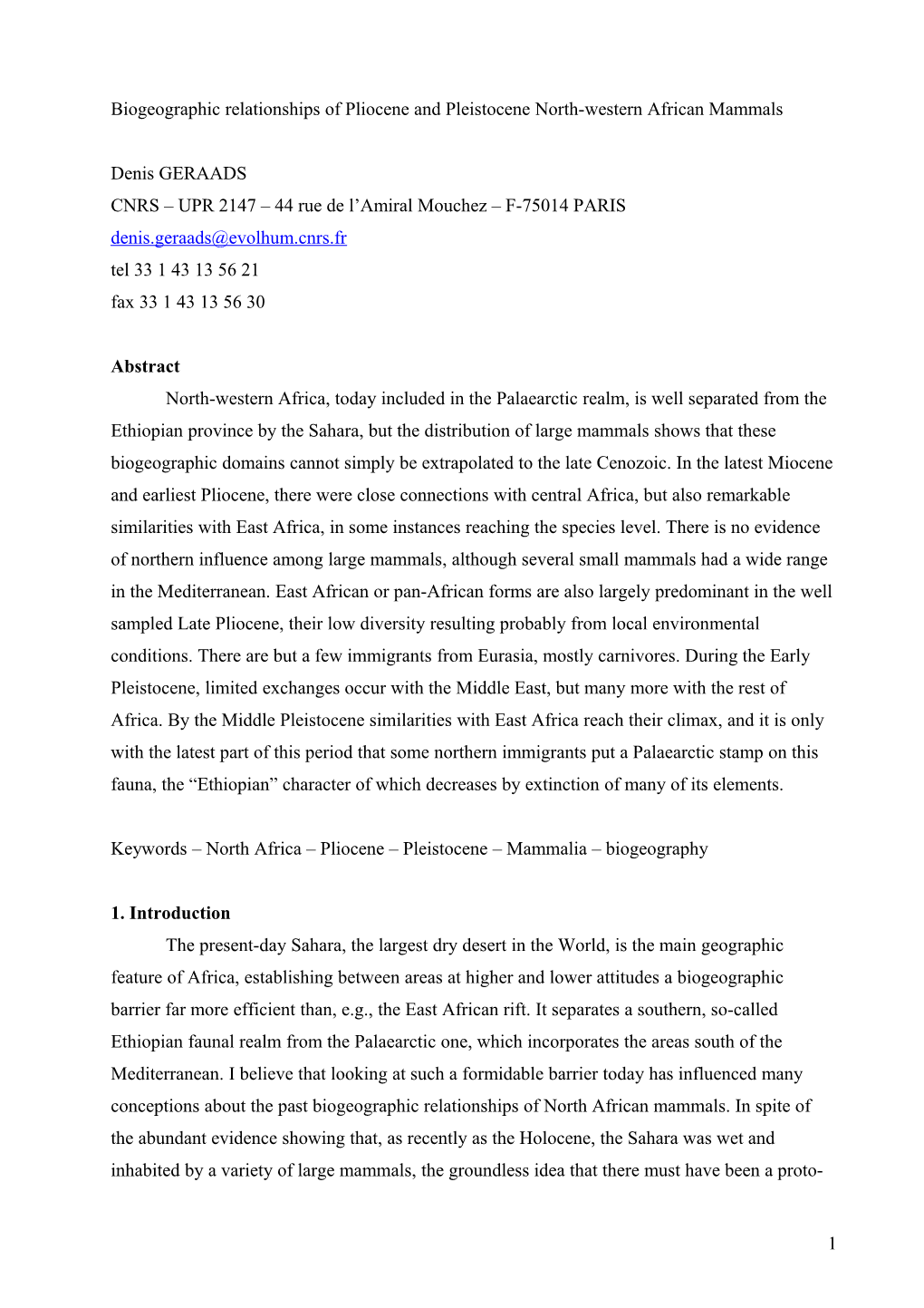 Biogeographic Relationships of Pliocene and Pleistocene North-Western African Mammals