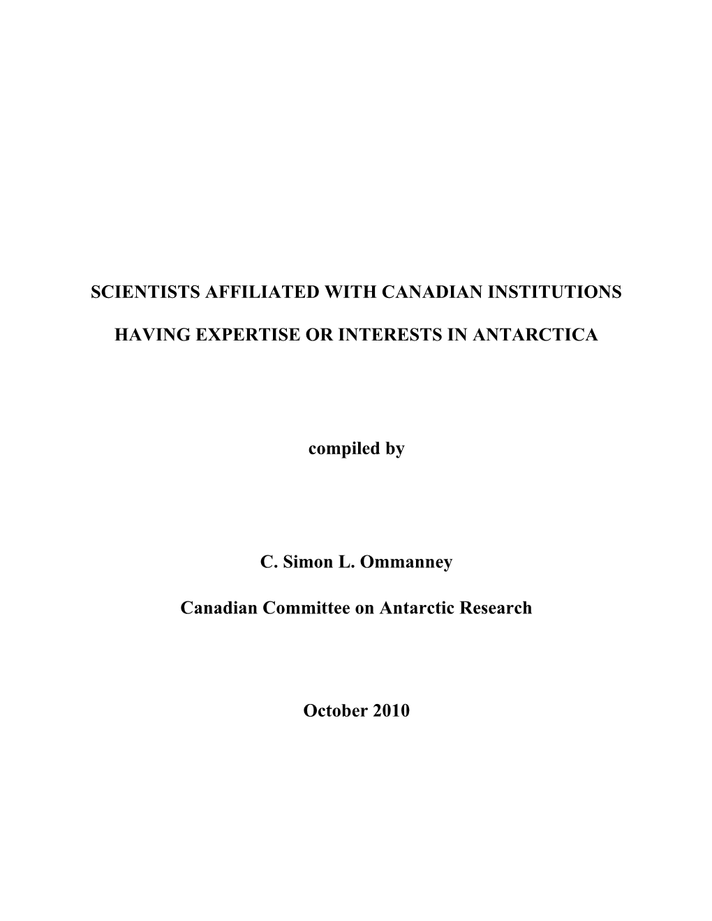 Scientists Affiliated with Canadian Institutions Having Expertise Or Interests in Antarctica