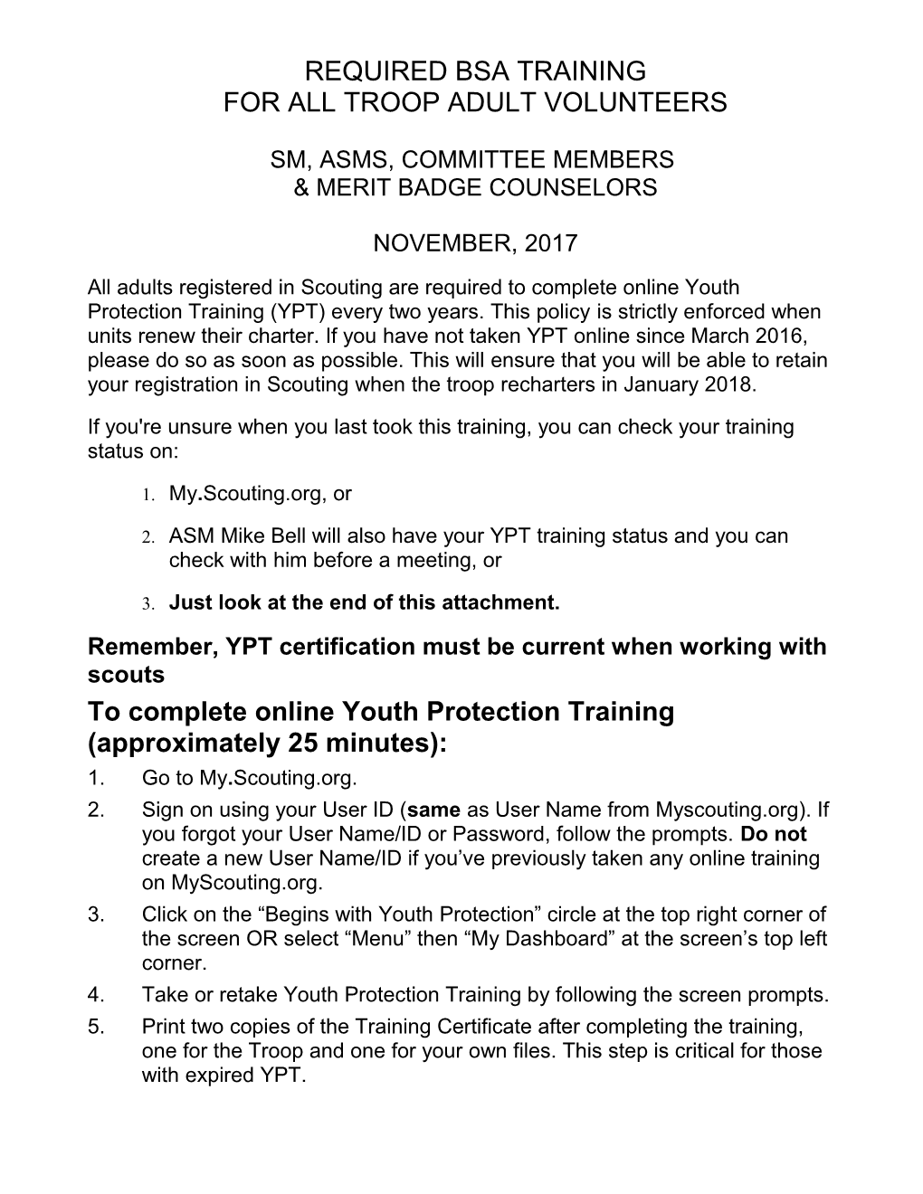Youth Protection Training Now Required of All Troop Adult Volunteers ( Sm, Asms, Committee