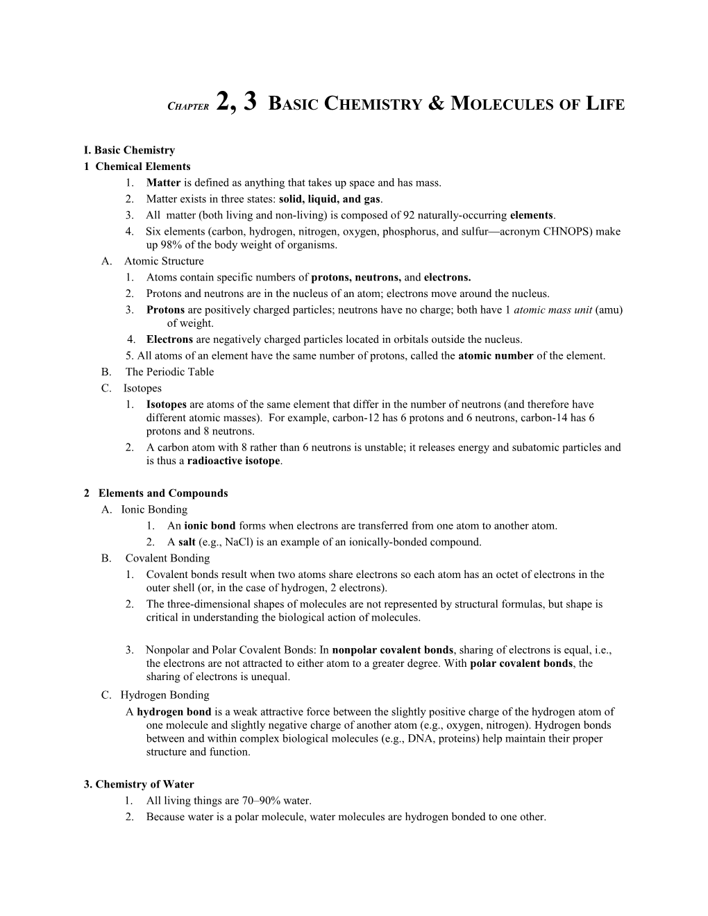 Chapter 2, 3 Basic Chemistry & Molecules of Life