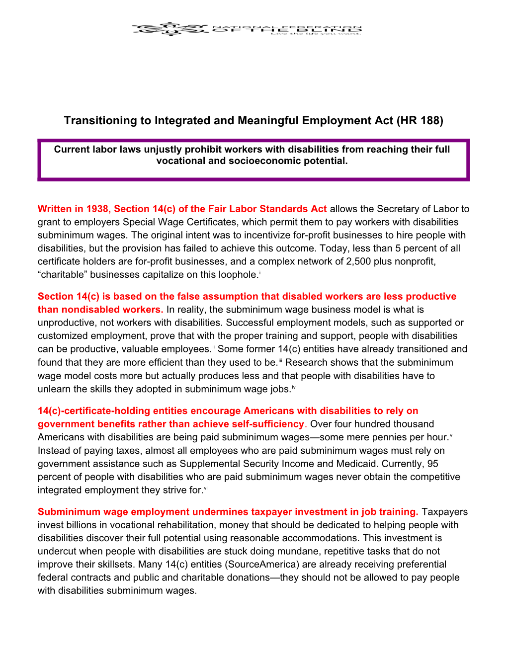 Transitioning to Integrated and Meaningful Employment Act (HR 188)