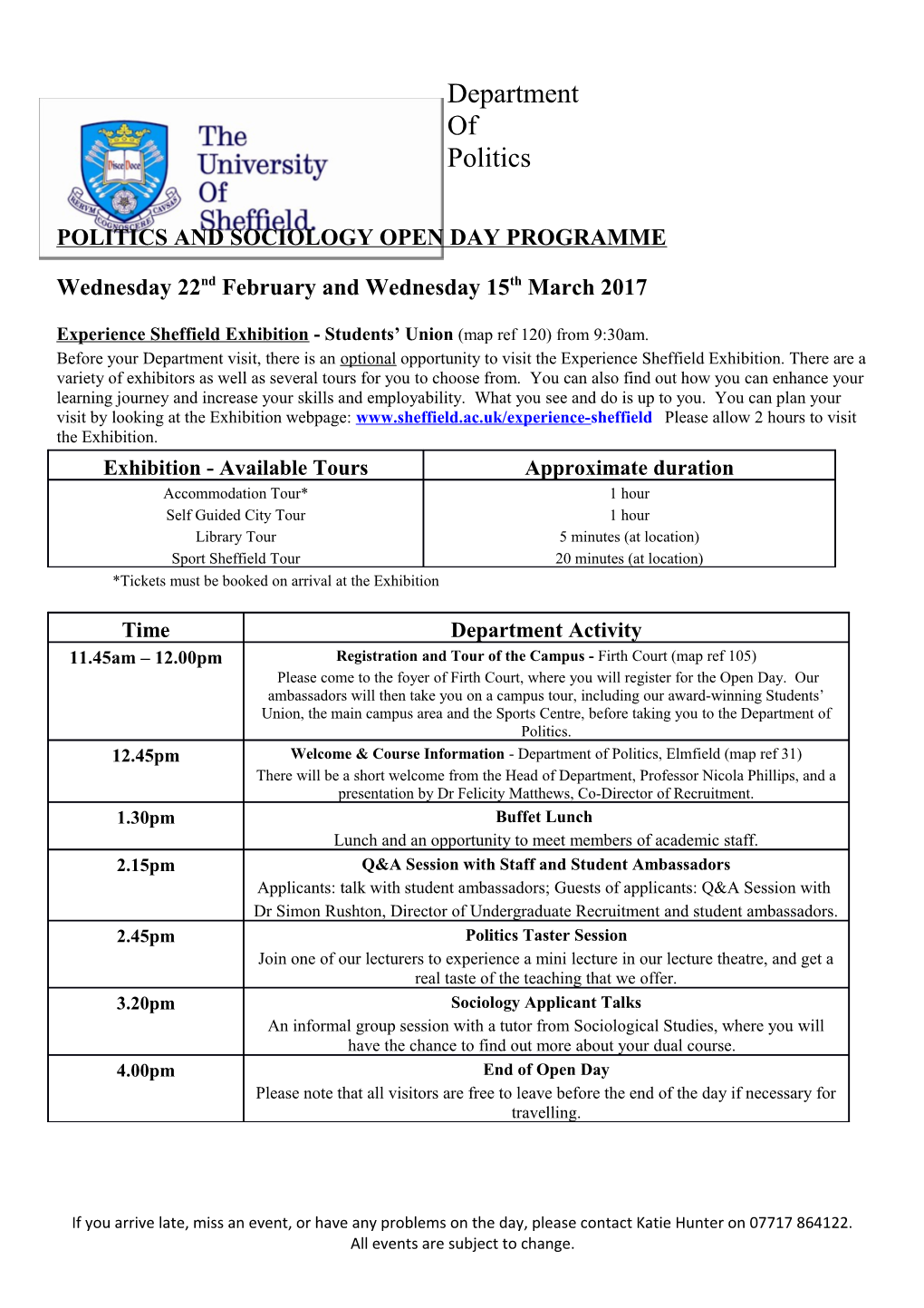 Politics and Sociology Open Day Programme
