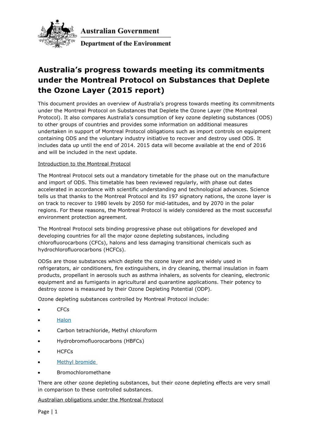 Australia S Progress Towards Meeting Its Commitments Under the Montreal Protocol on Substances