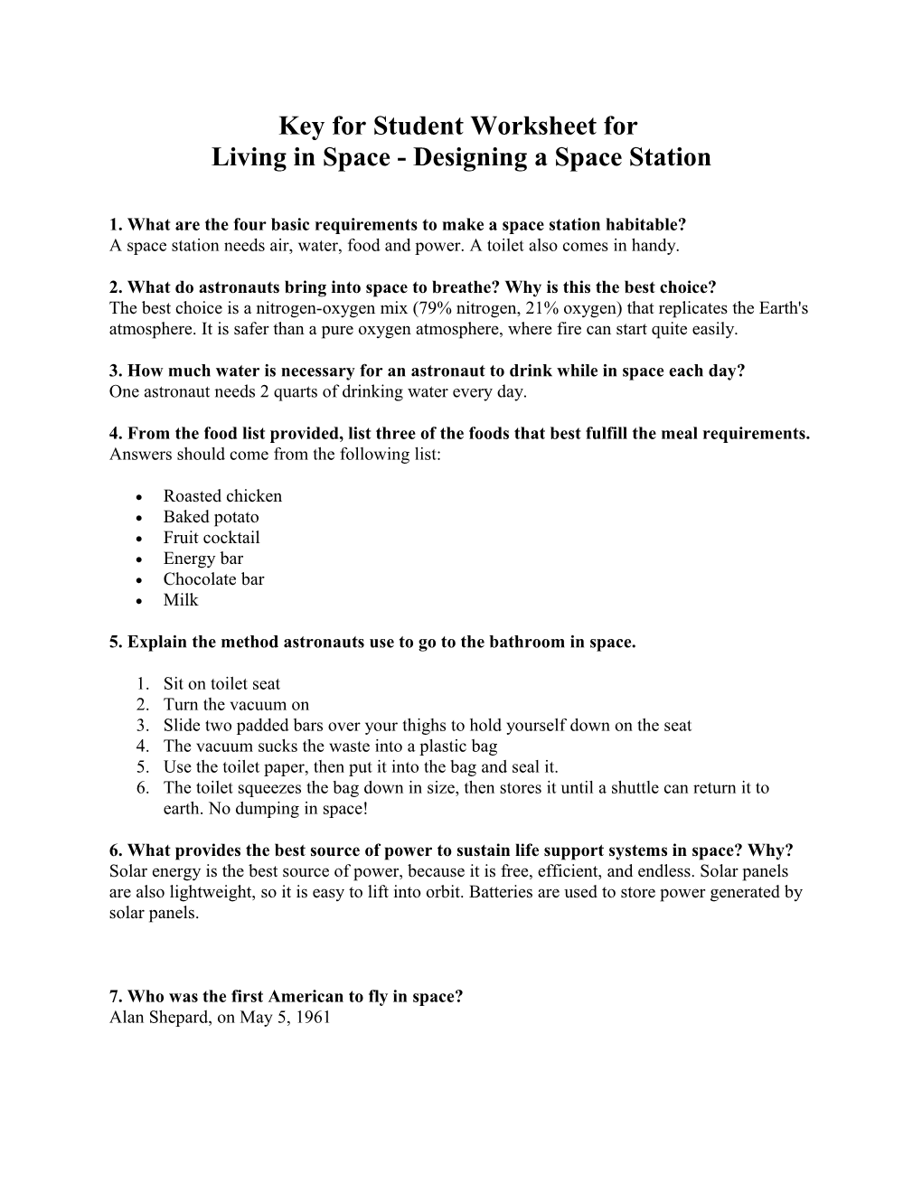 Key for Student Worksheet for Living in Space - Designing a Space Station