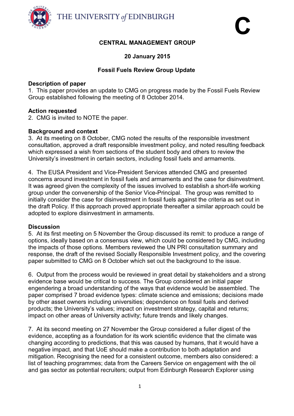 Fossil Fuels Review Group Update