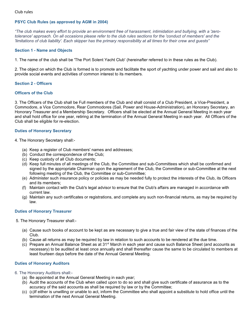 PSYC Club Rules (As Approved by AGM in 2004)