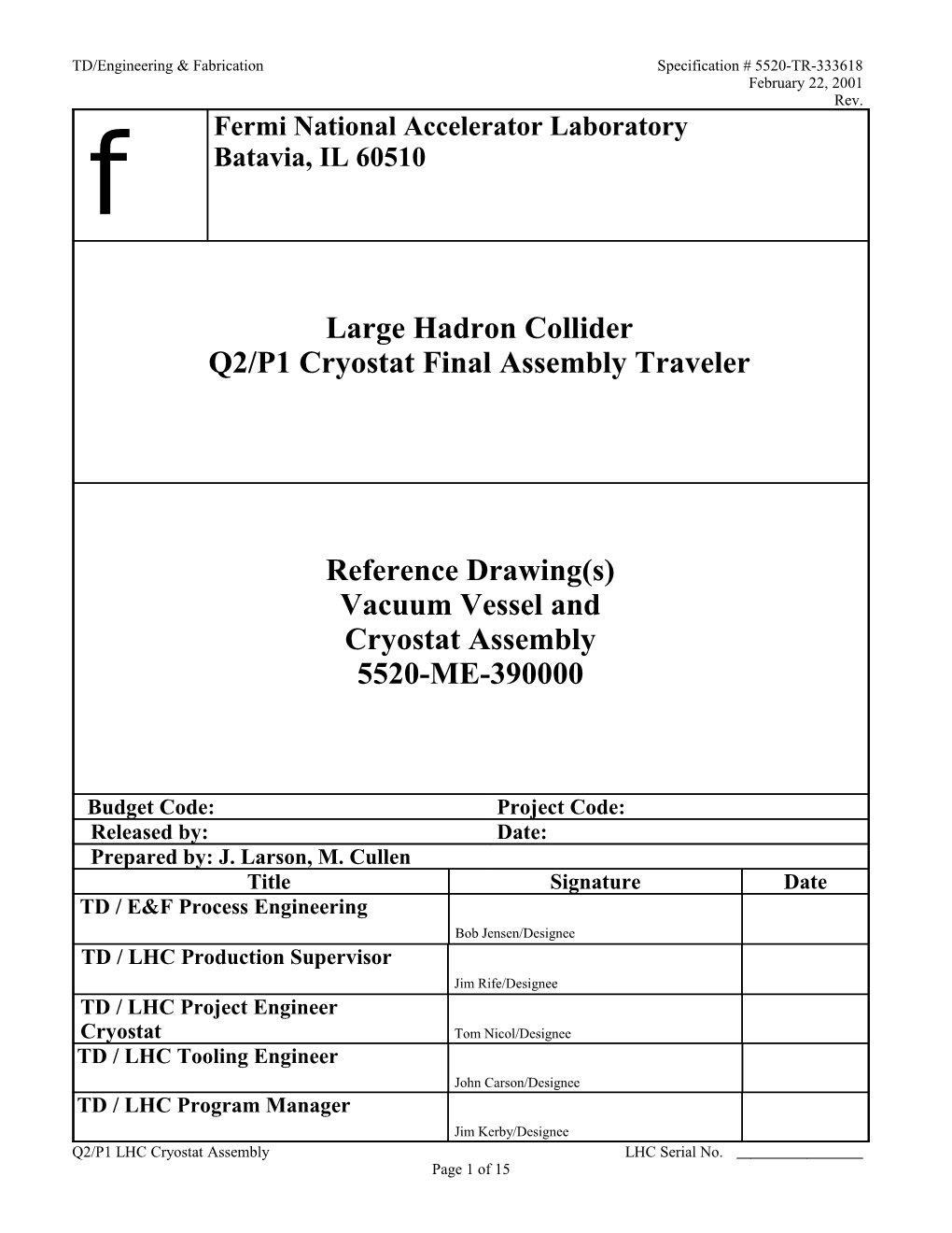 TD/Engineering & Fabricationspecification # 5520-TR-333618