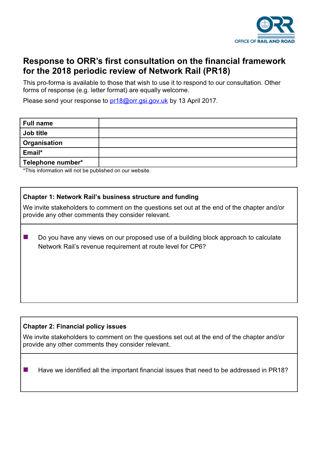 PR18 Financial Framework Consultation Pro-Forma for Responses - January 2017