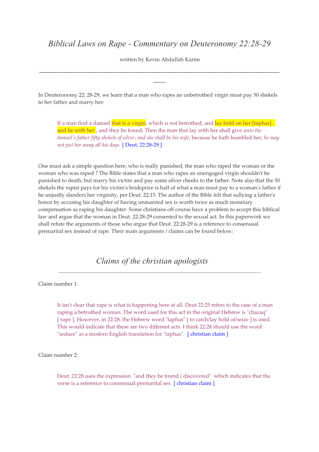 Biblical Laws on Rape- Commentaryon Deuteronomy 22:28-29