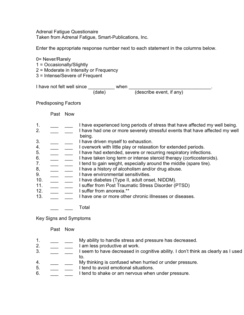 Adrenal Fatigue Questionaire