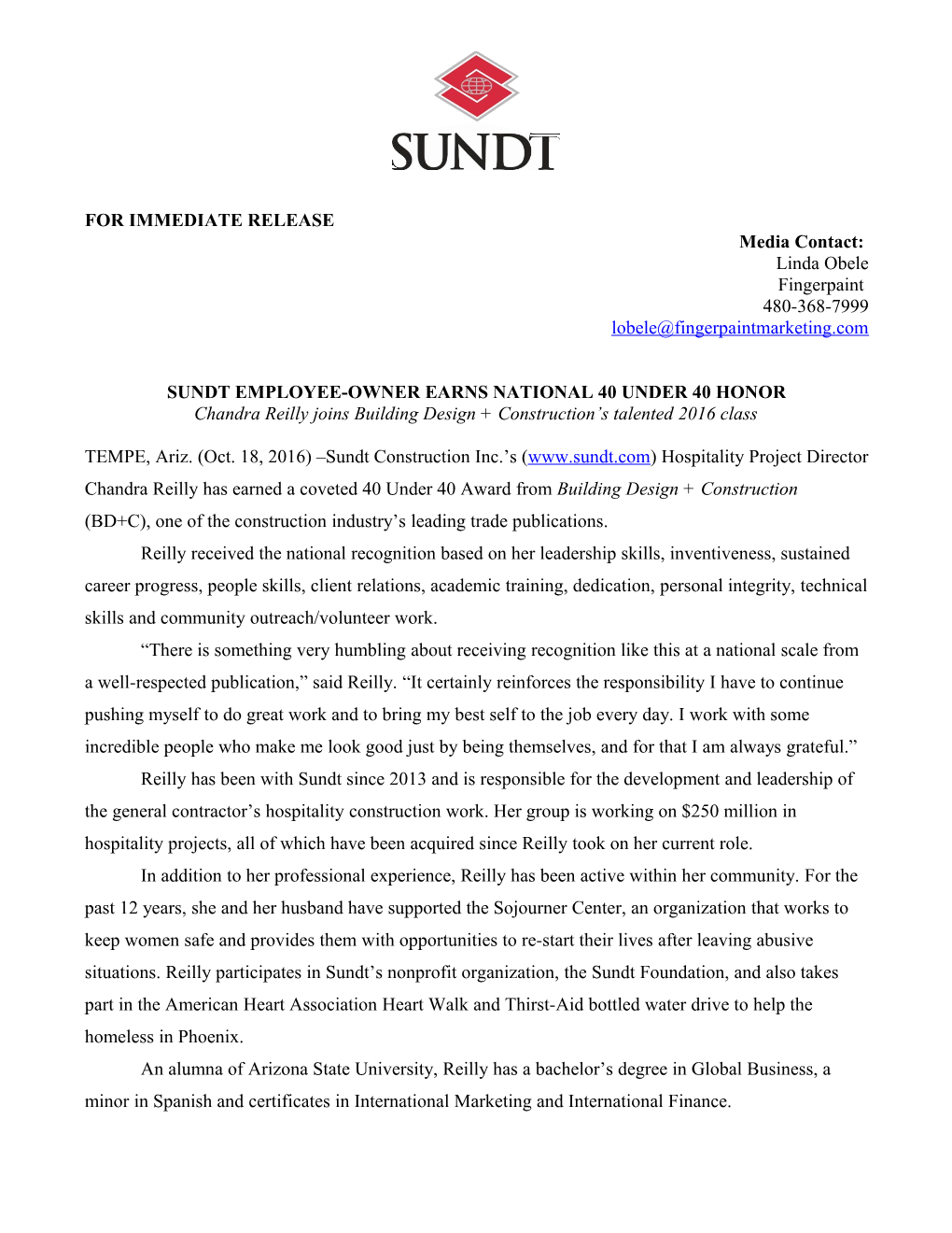 Sundt Employee-Owner Earns National 40 Under 40 Honor