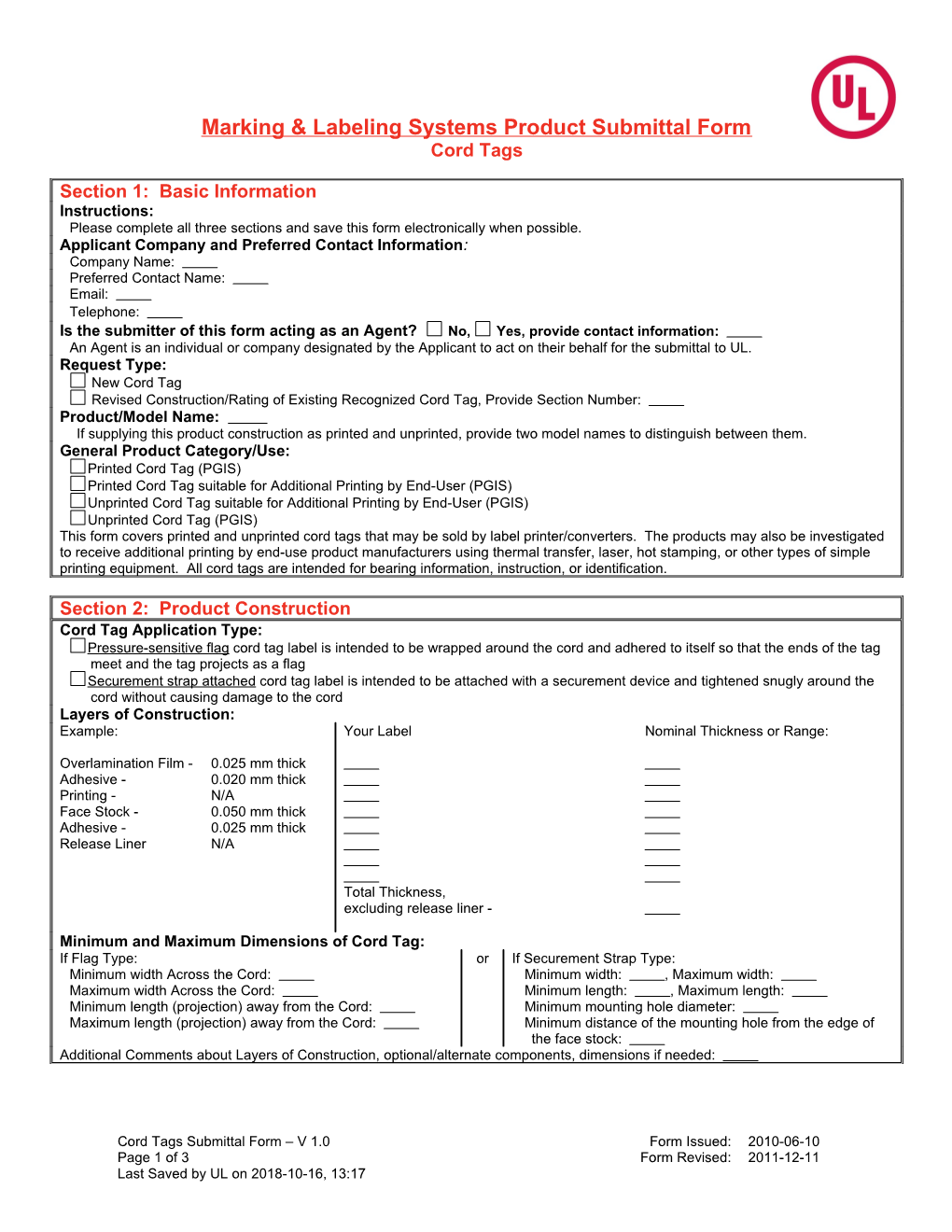 Product Submittal Information Gathering Form