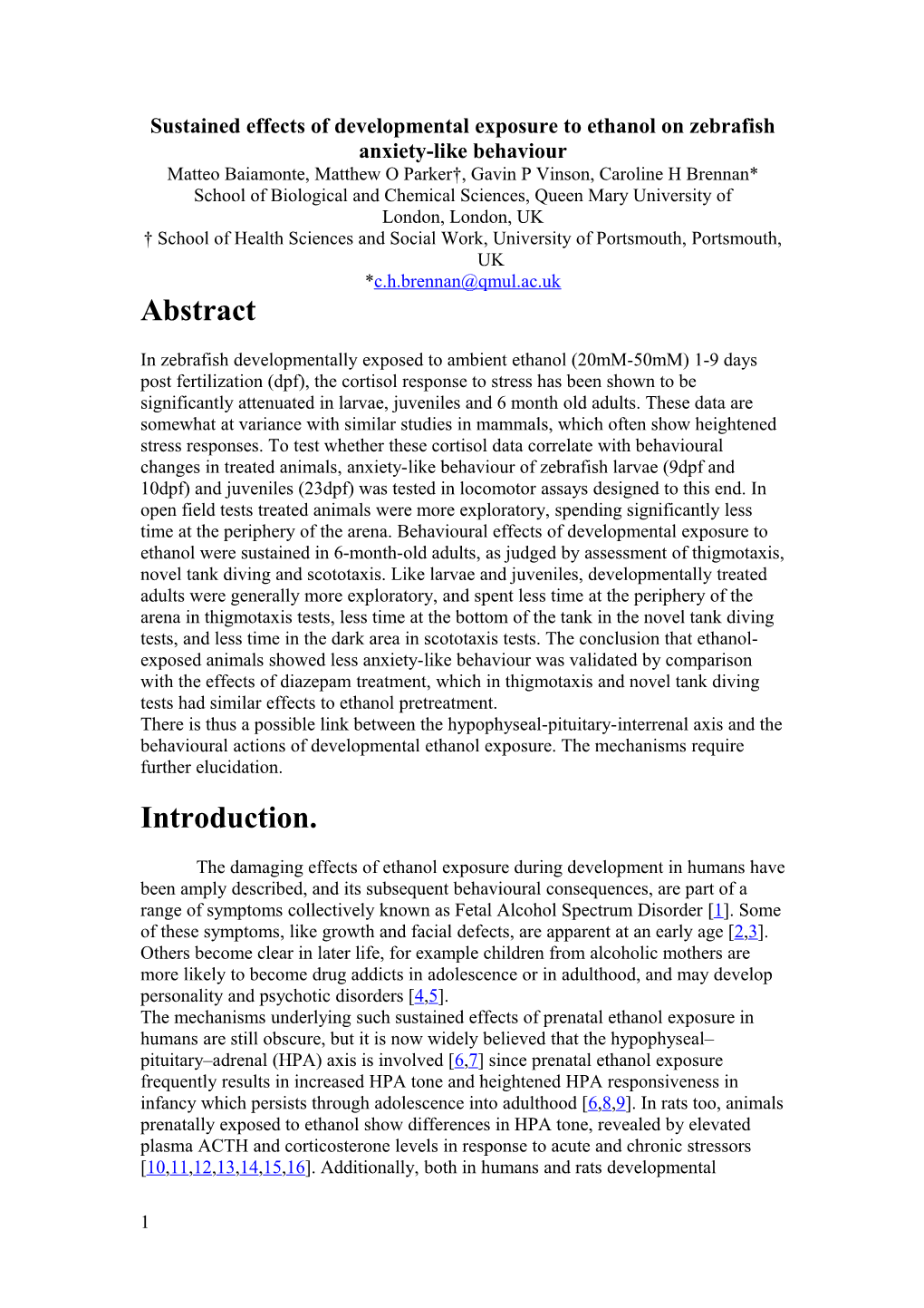Sustained Effects of Developmental Exposure to Ethanol on Zebrafish Anxiety-Like Behaviour
