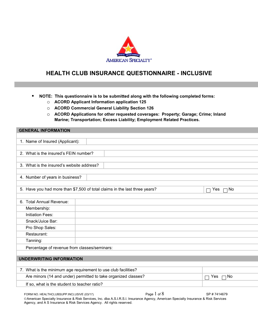 Health Club Insurance Questionnaire - Inclusive