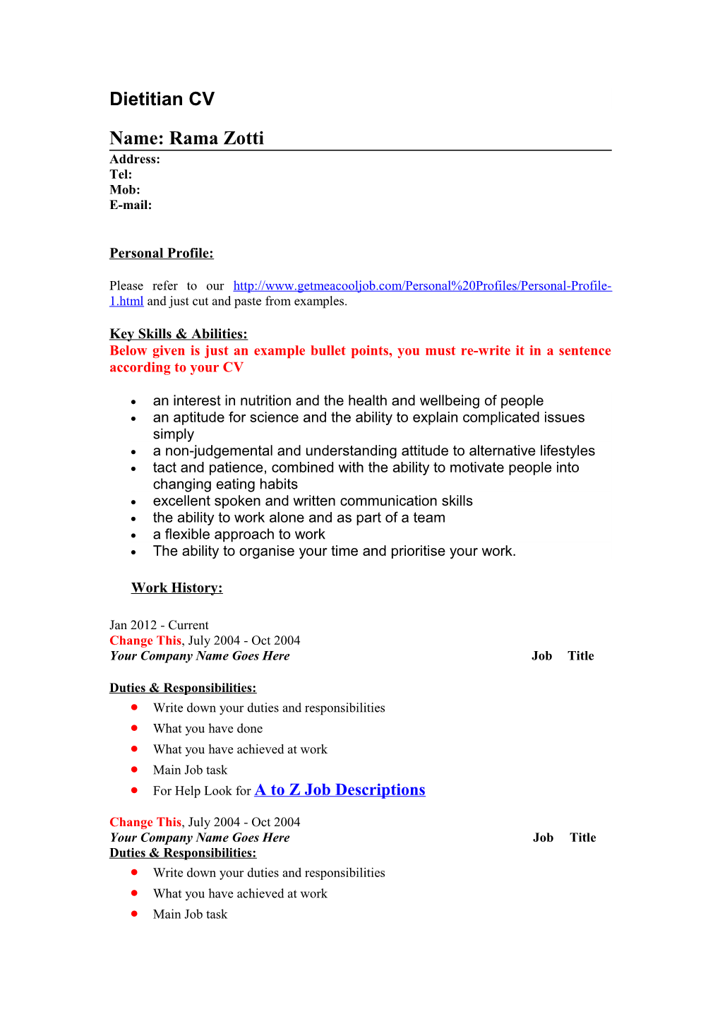 Dietitian Job Descriptions