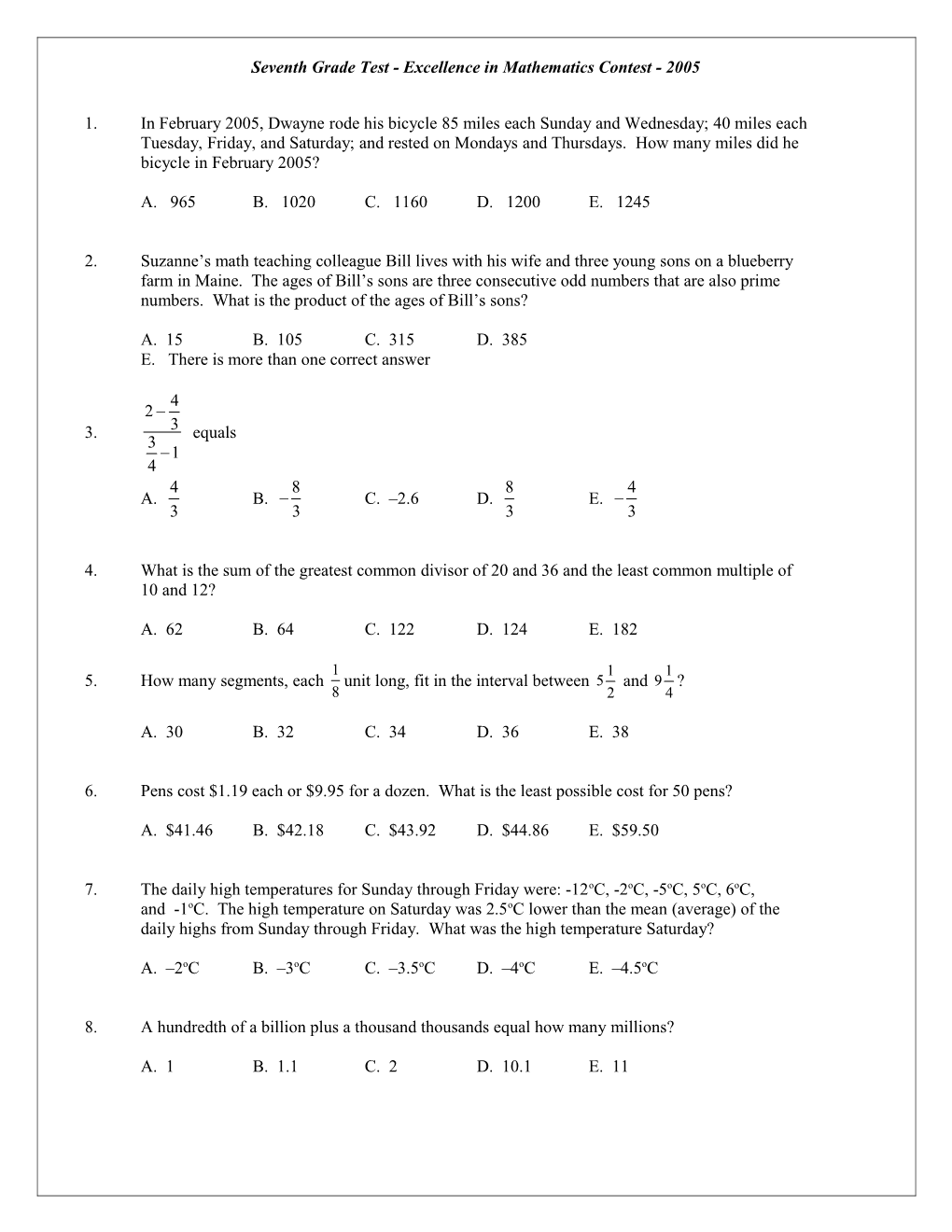 Seventh Grade Test - Excellence in Mathematics Contest - 2005