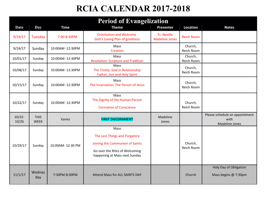 Rcia Calendar 2017-2018