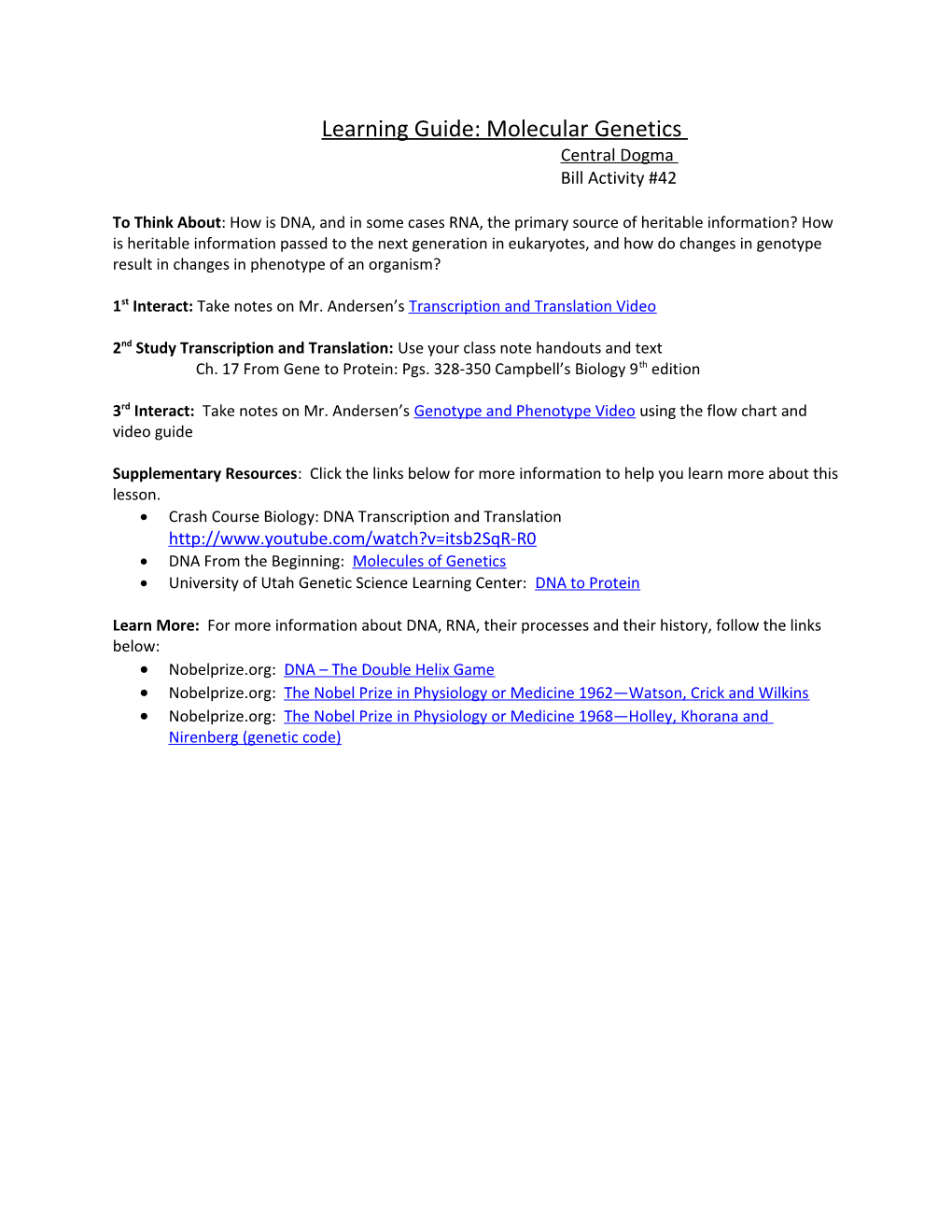 Learning Guide: Molecular Genetics