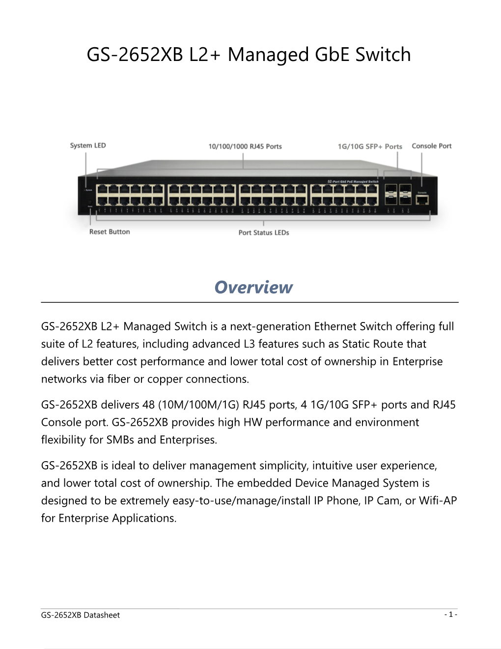 GS-2652XB L2+ Managed Gbe Switch