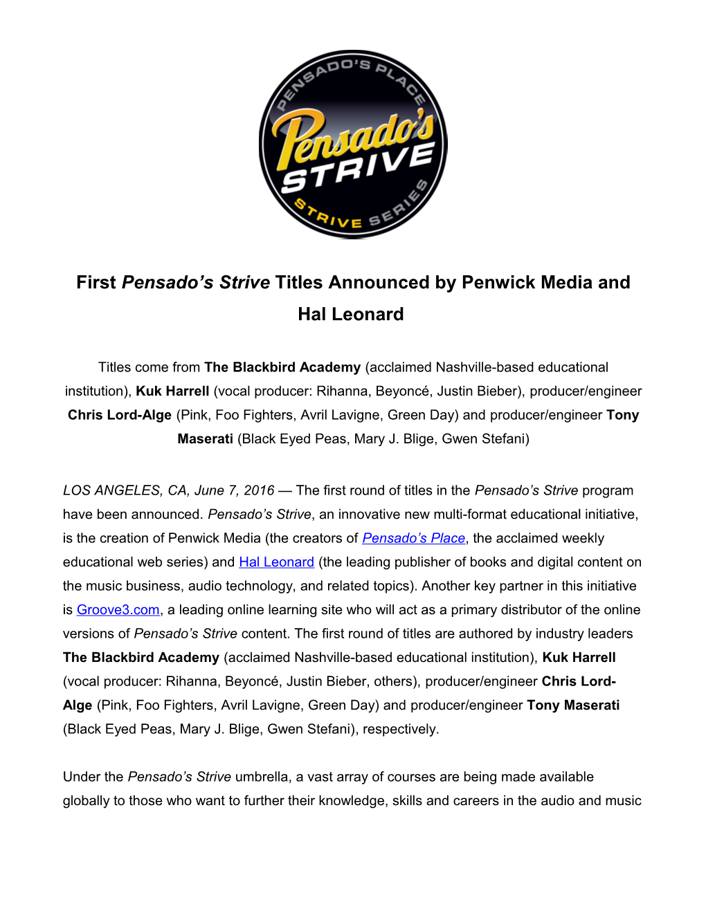 Firstpensado S Strivetitles Announced by Penwick Media and Hal Leonard