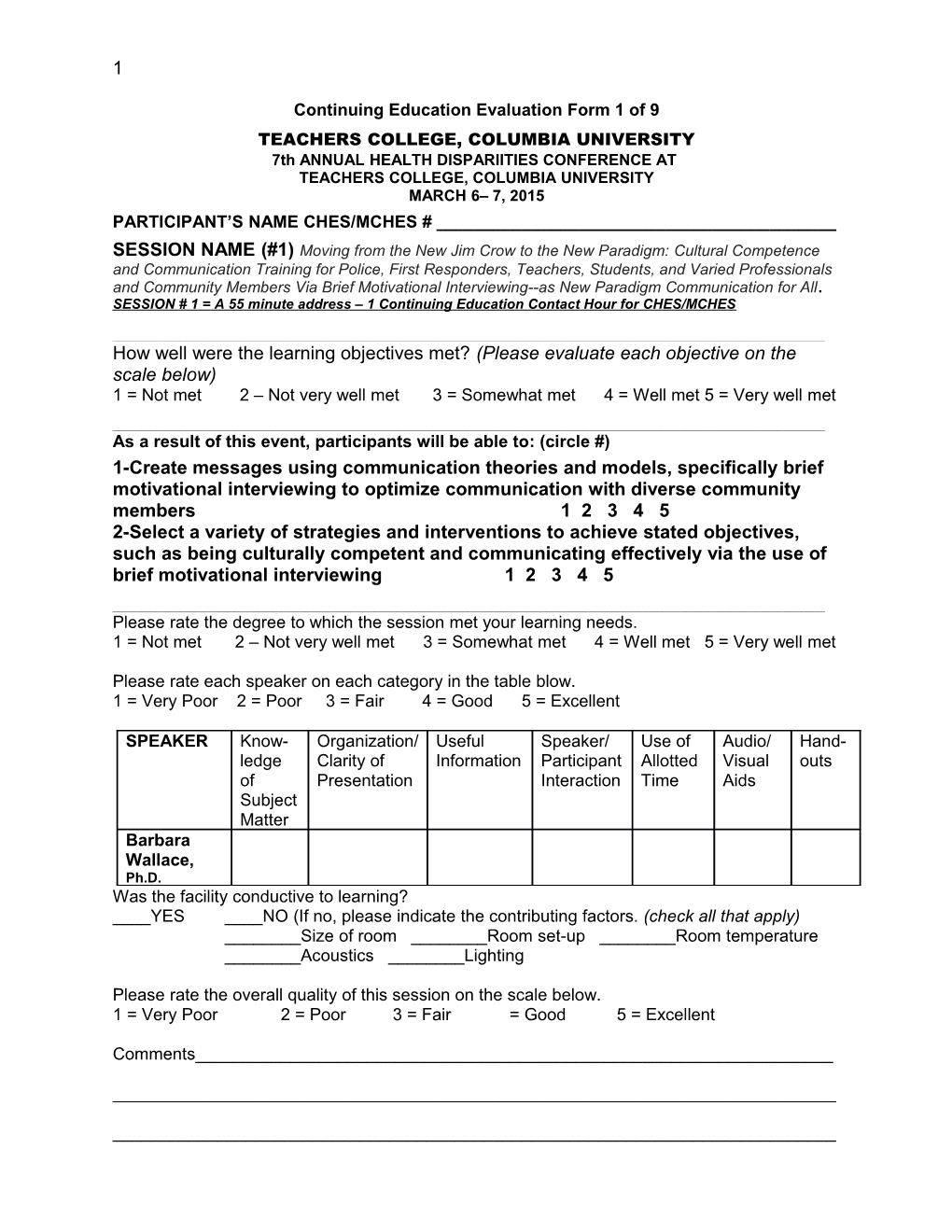 Continuing Education Evaluation Form 1 of 9